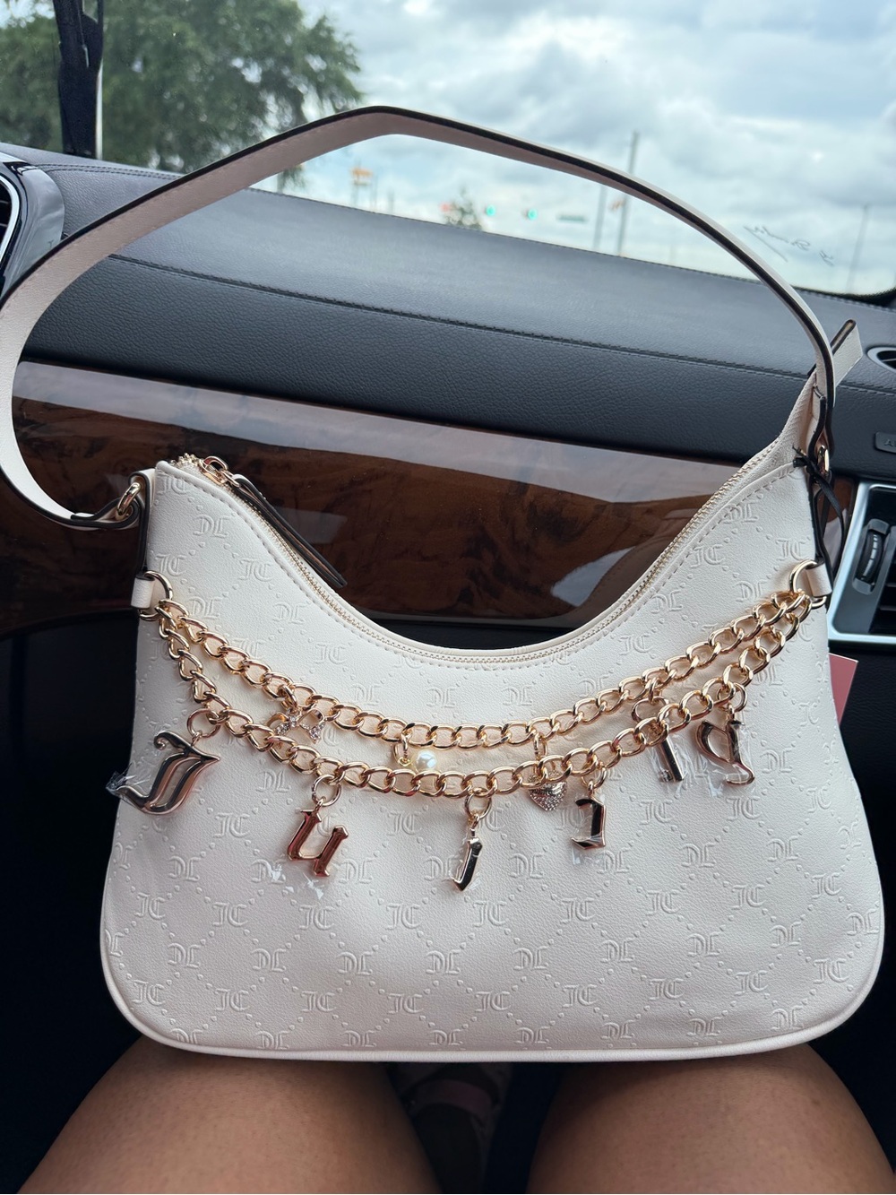 Juicy Couture White Embossed Leather Shoulder Bag with Gold Chain Charm